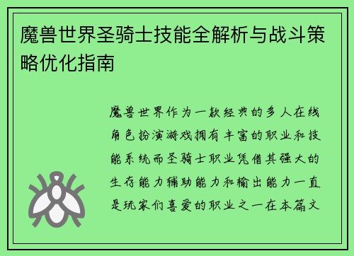魔兽世界圣骑士技能全解析与战斗策略优化指南
